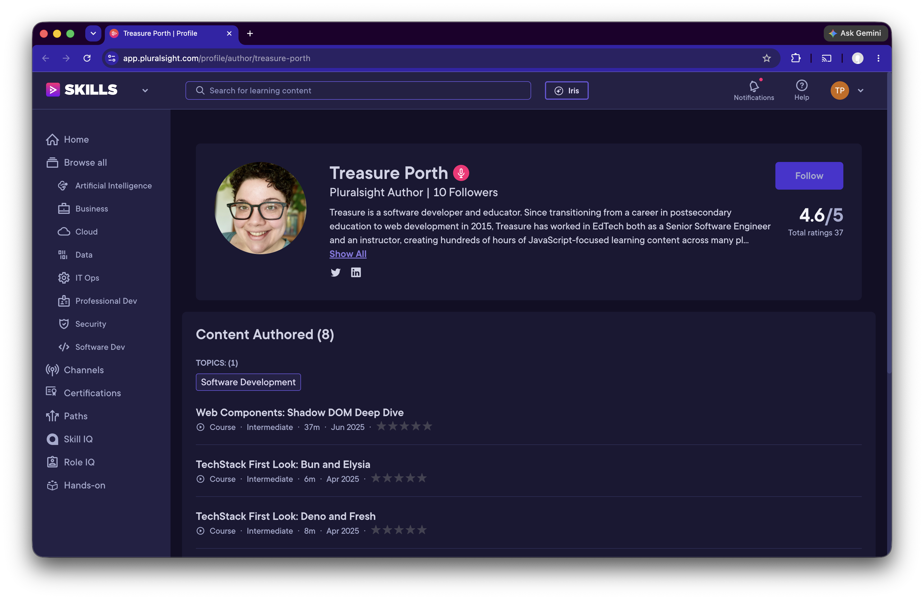 Treasure Porth's Pluralsight author profile showing 8 courses and 4.6 star rating